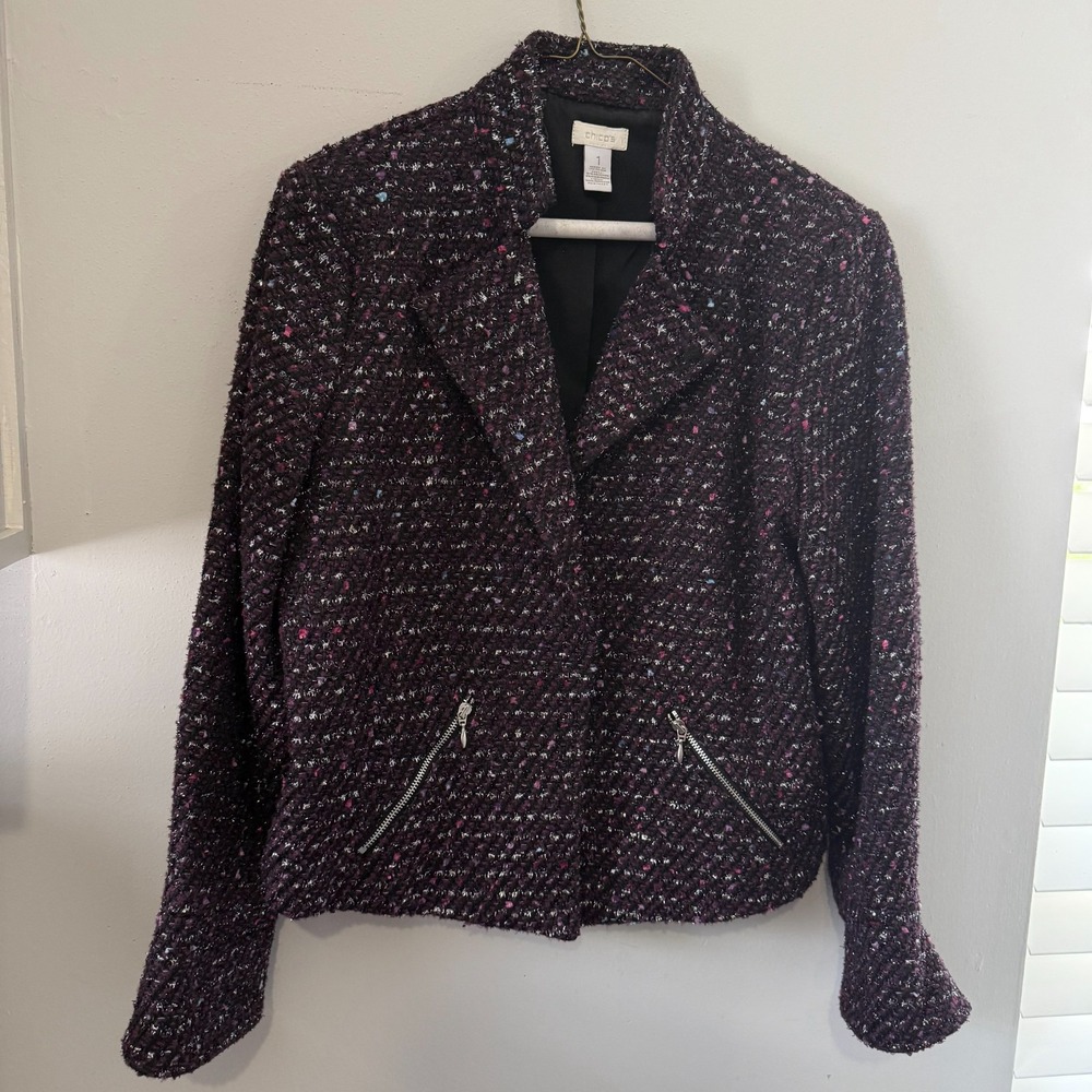 Chico's Tweed Cropped Jacket Womens Size Medium (1) Purple Bouclé‎ Open Front